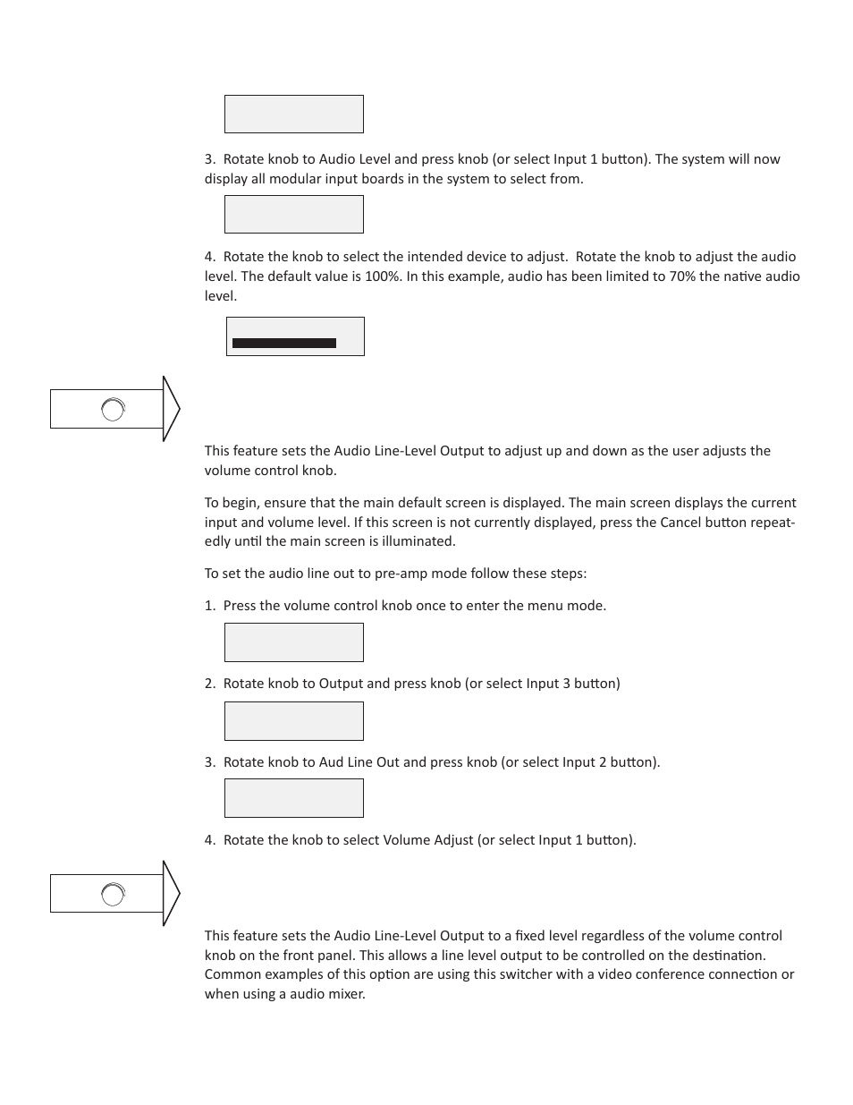 Set audio line out to pre-amp mode, Set audio line out to fixed level mode | Presentation Switchers PS550 User Manual | Page 20 / 41