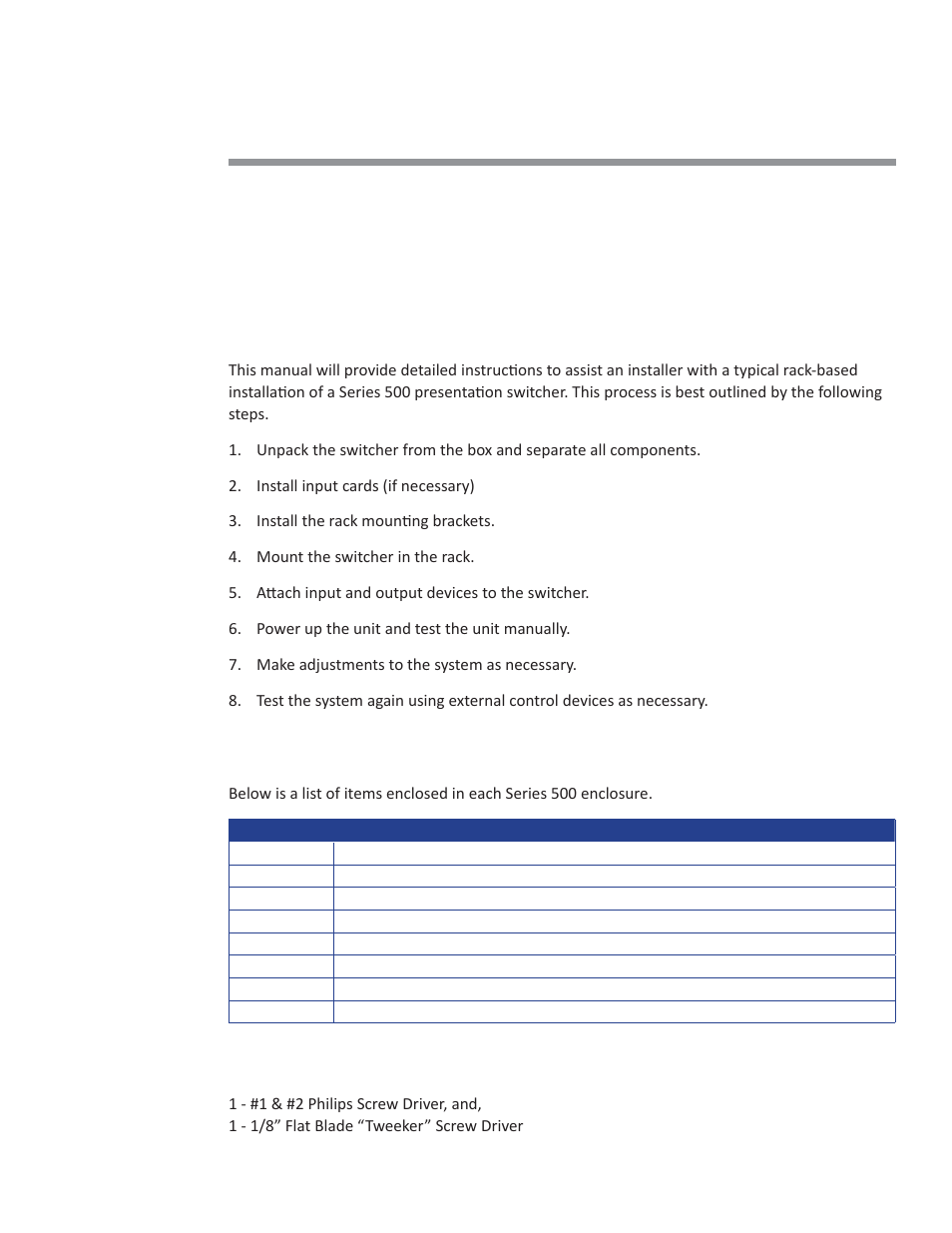 Getting started, Installation guide overview, Package contents | Installation tools | Presentation Switchers PS550 User Manual | Page 5 / 41