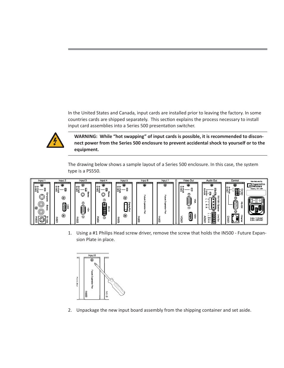 Inserting input cards, Inserting an input board assembly | Presentation Switchers PS550 User Manual | Page 6 / 41