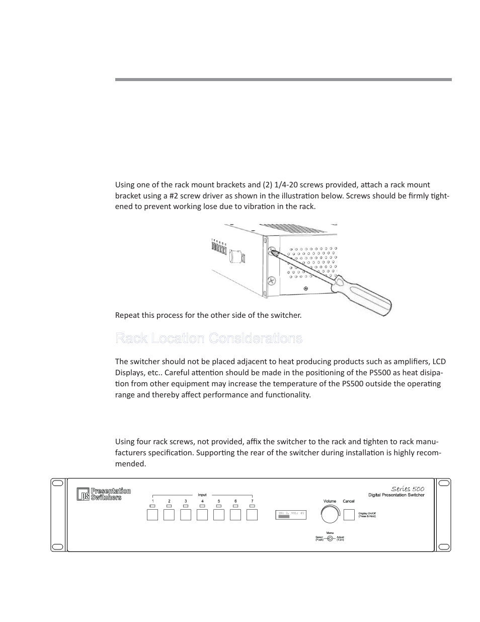 Installing in a rack, Attaching the rack mount brackets, Rack location considerations | Mounting the switcher in the rack | Presentation Switchers PS550 User Manual | Page 8 / 41