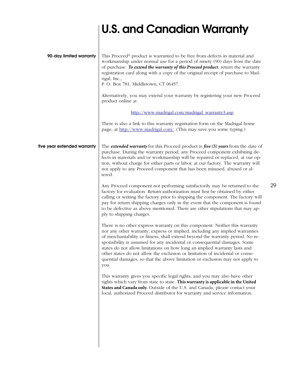 U.s. and canadian warranty, Day limited warranty, Five year extended warranty | Day limited warranty five year extended warranty, Obtaining service | Proceed CVP2 User Manual | Page 29 / 36