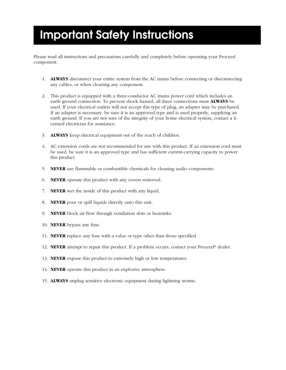 Important safety instructions | Proceed CVP2 User Manual | Page 3 / 36