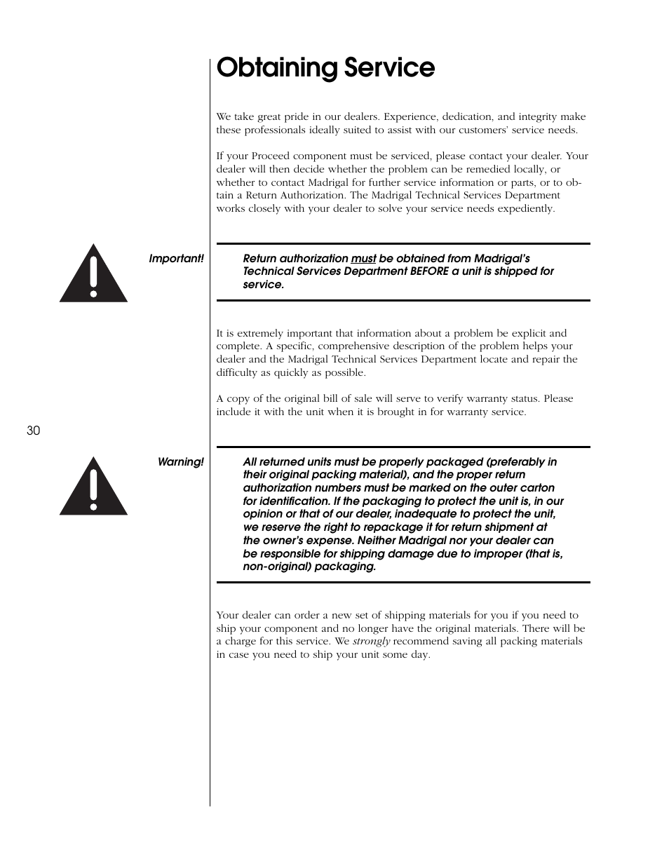 Obtaining service, Specifications | Proceed CVP2 User Manual | Page 30 / 36