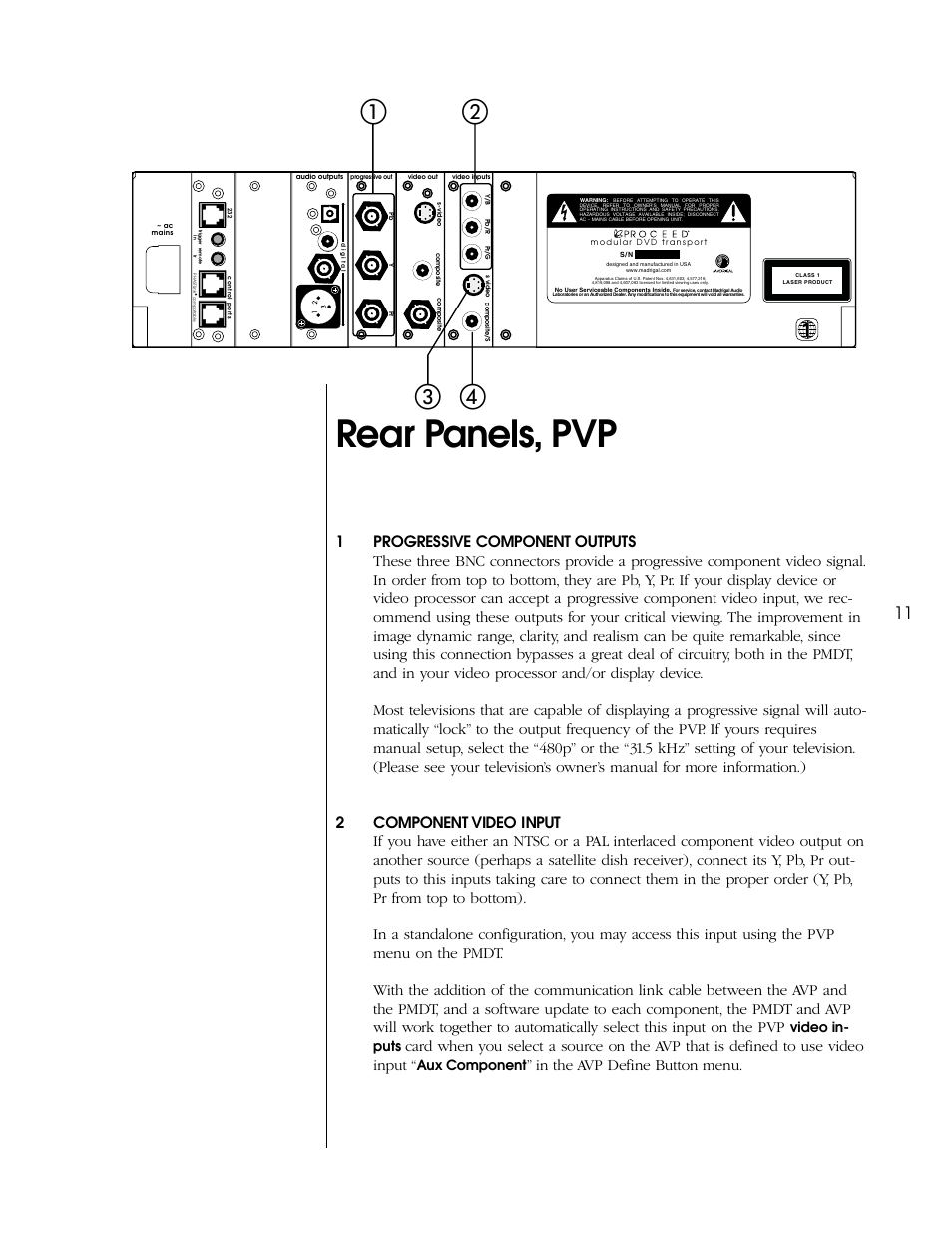 Rear panels, pvp, ቢባ ብ ቤ, Video in- puts | Aux component | Proceed PVP User Manual | Page 11 / 26