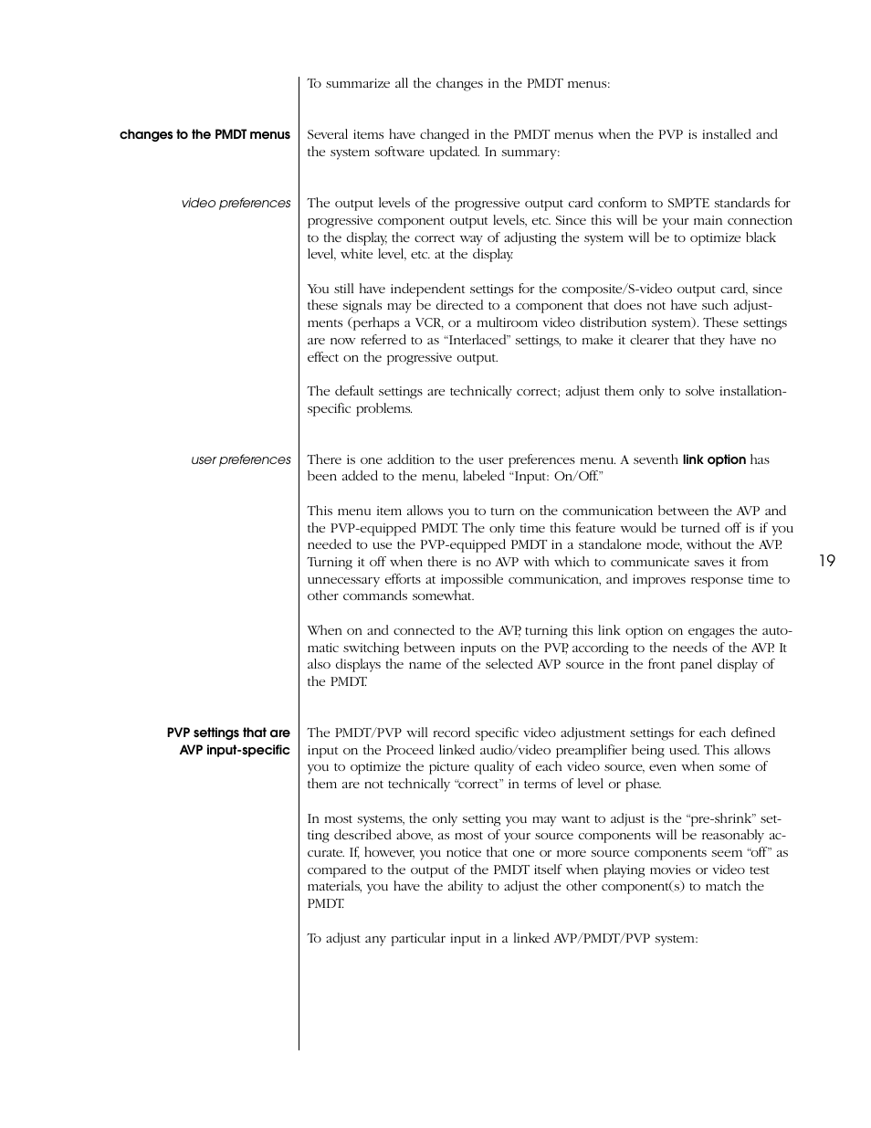 Changes to the pmdt menus, Video preferences, User preferences | Pvp settings that are avp input-specific, Video preferences user preferences | Proceed PVP User Manual | Page 19 / 26