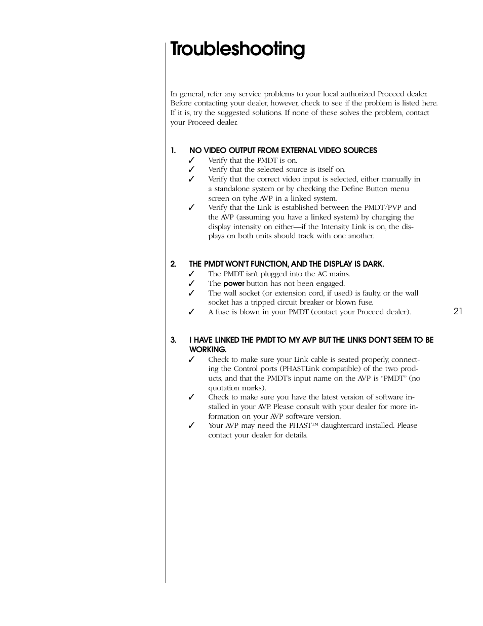Troubleshooting | Proceed PVP User Manual | Page 21 / 26