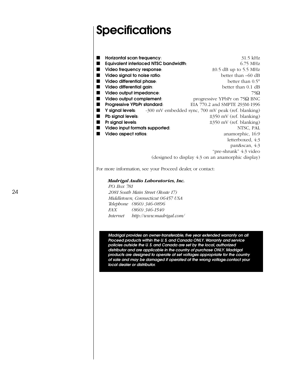 Specifications | Proceed PVP User Manual | Page 24 / 26