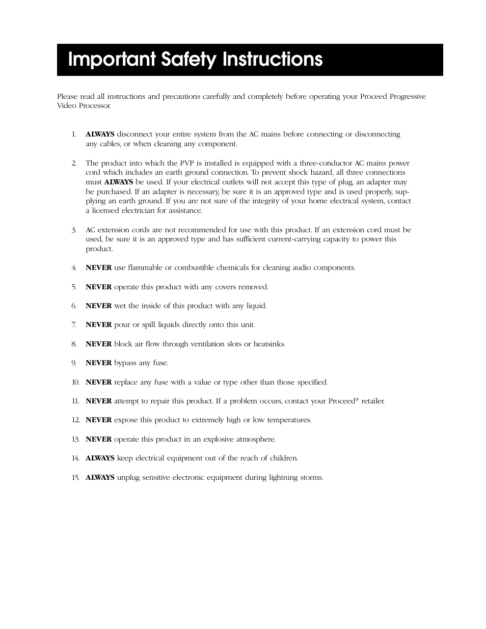 Important safety instructions | Proceed PVP User Manual | Page 3 / 26