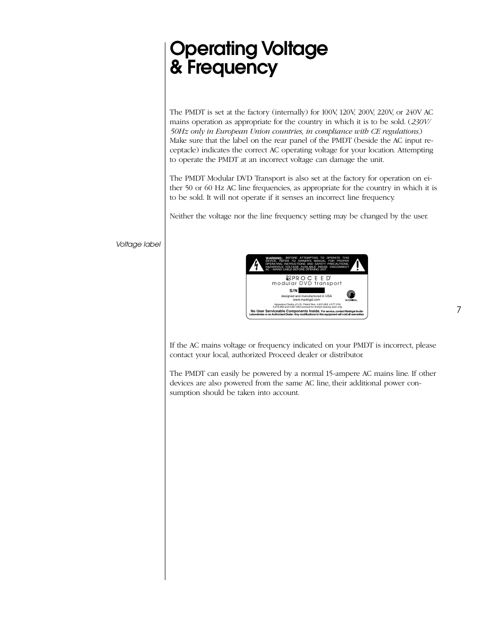Operating voltage & frequency, Voltage label | Proceed PVP User Manual | Page 7 / 26