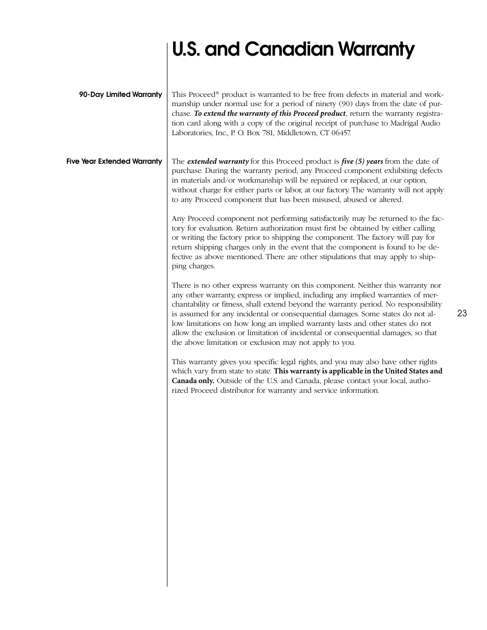 U.s. and canadian warranty | Proceed DAP (non-CE) User Manual | Page 23 / 28