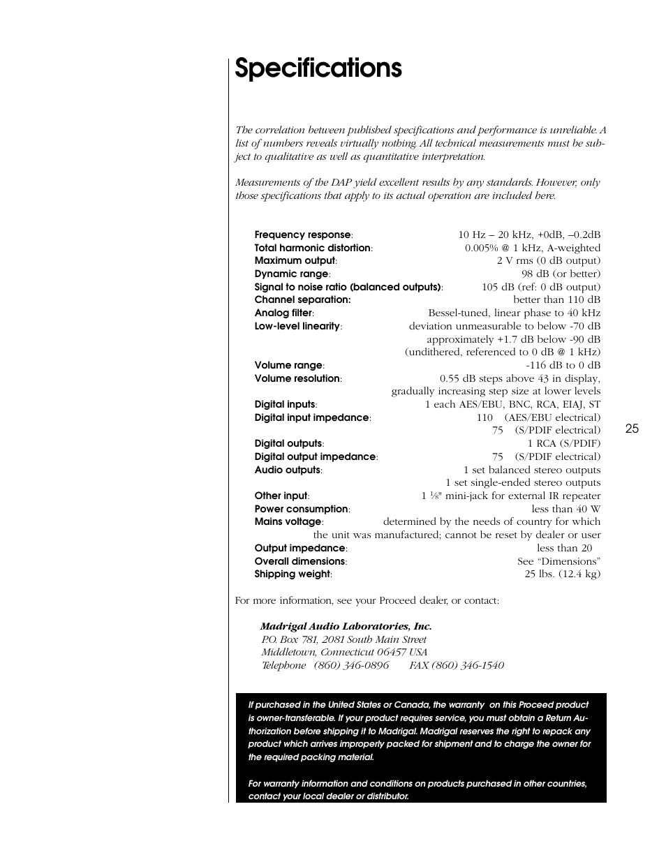 Specifications | Proceed DAP (non-CE) User Manual | Page 25 / 28