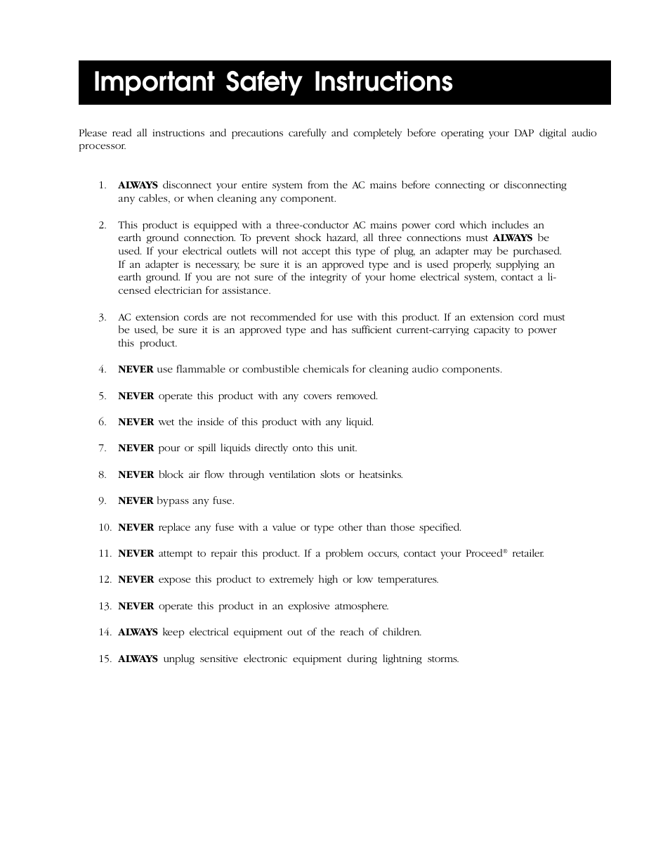 Important safety instructions | Proceed DAP (non-CE) User Manual | Page 3 / 28