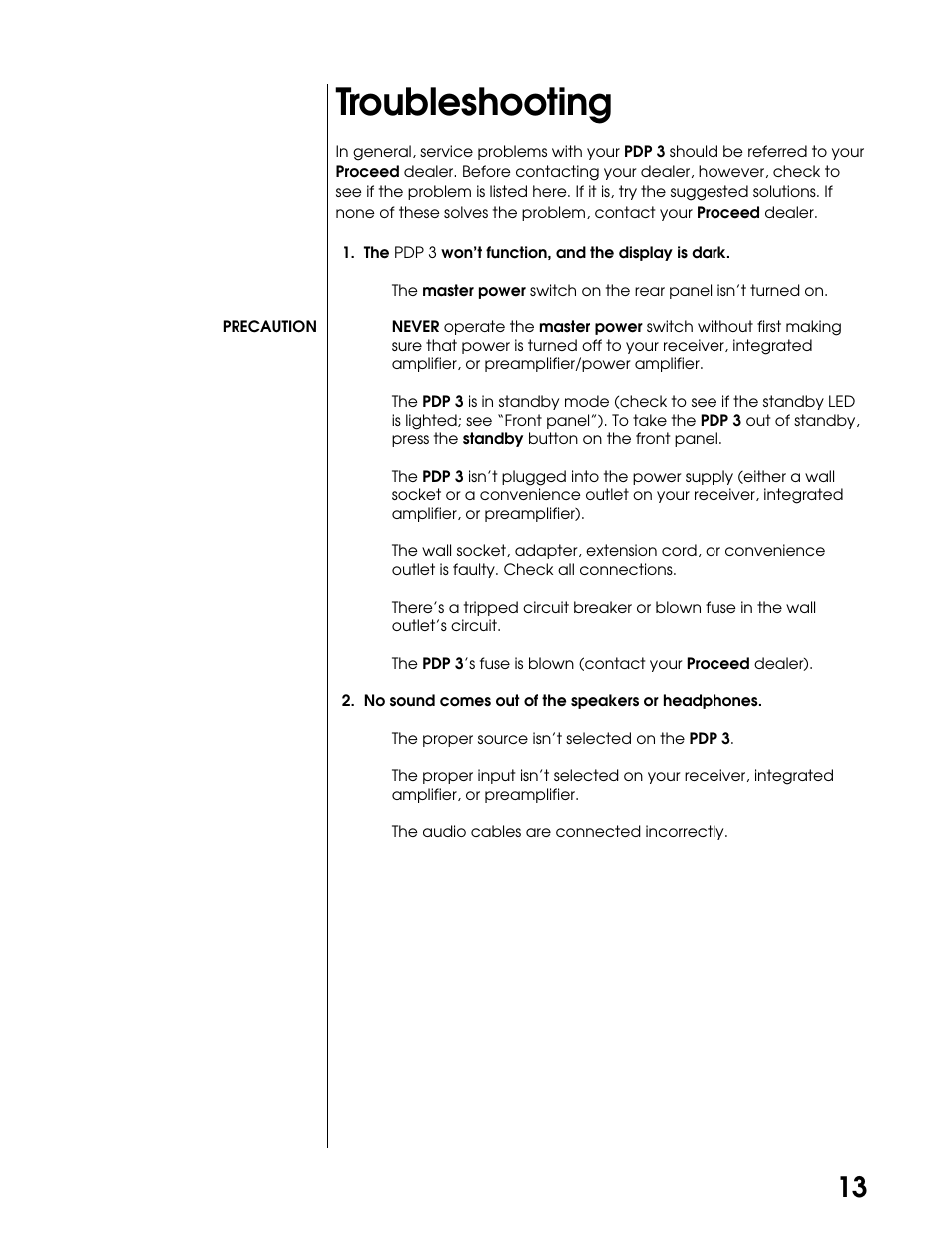 Troubleshooting | Proceed PDP User Manual | Page 13 / 20