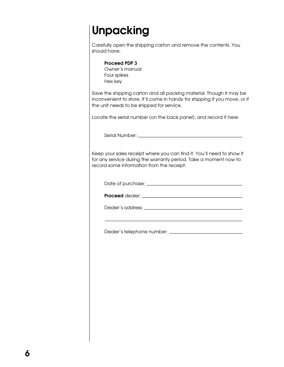 Unpacking | Proceed PDP User Manual | Page 6 / 20