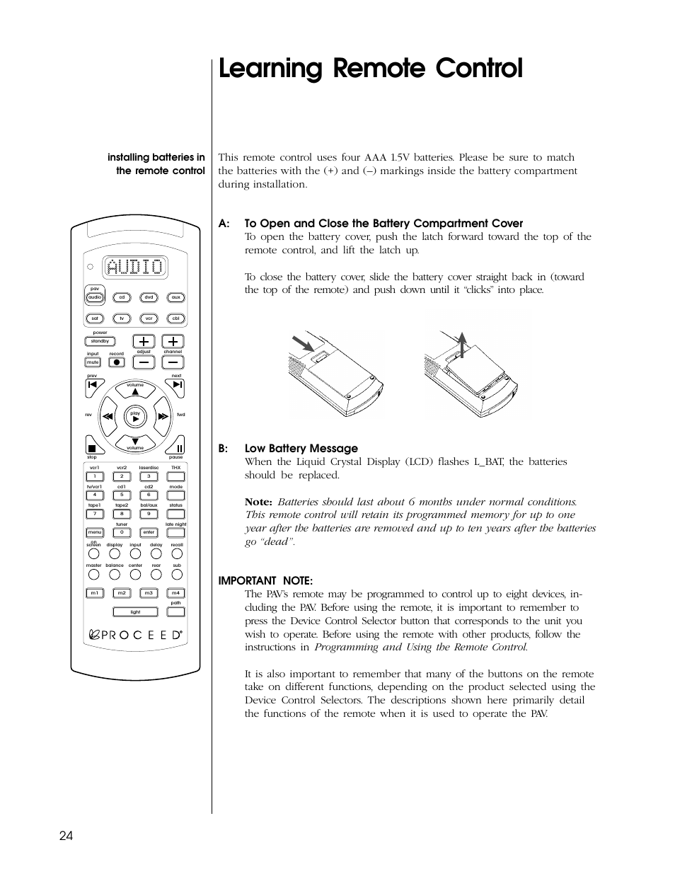 Learning remote control, Installing batteries in the remote control | Proceed PAV User Manual | Page 24 / 80
