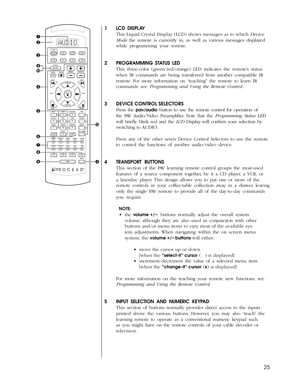 Pav/audio, Volume, Volume +/– buttons | Select-it” cursor, Change-it” cursor | Proceed PAV User Manual | Page 25 / 80