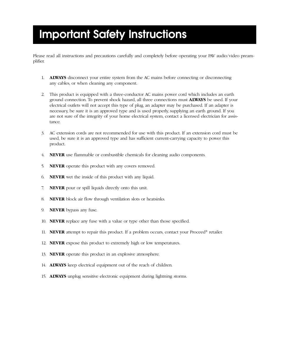 Important safety instructions | Proceed PAV User Manual | Page 3 / 80