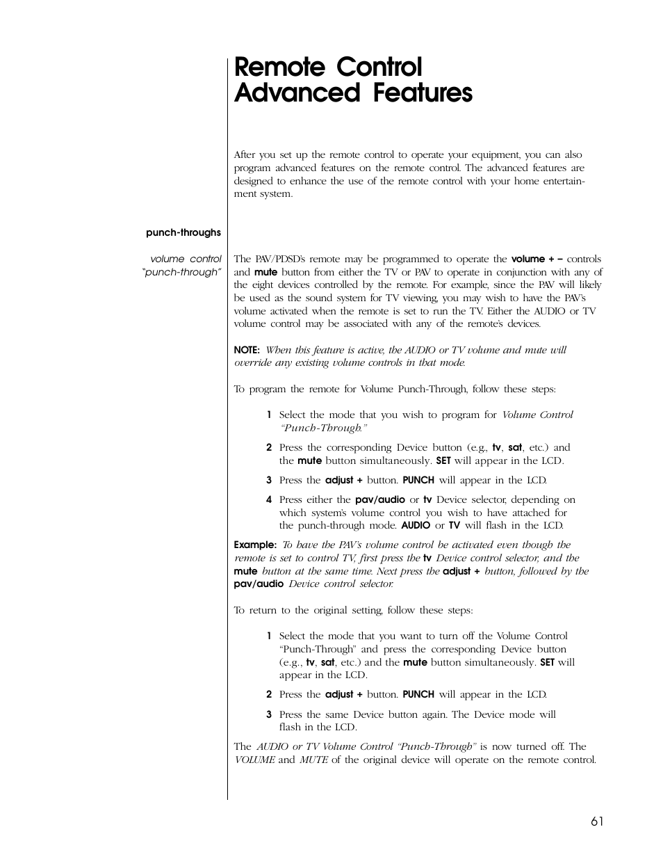 Remote control advanced features | Proceed PAV User Manual | Page 61 / 80