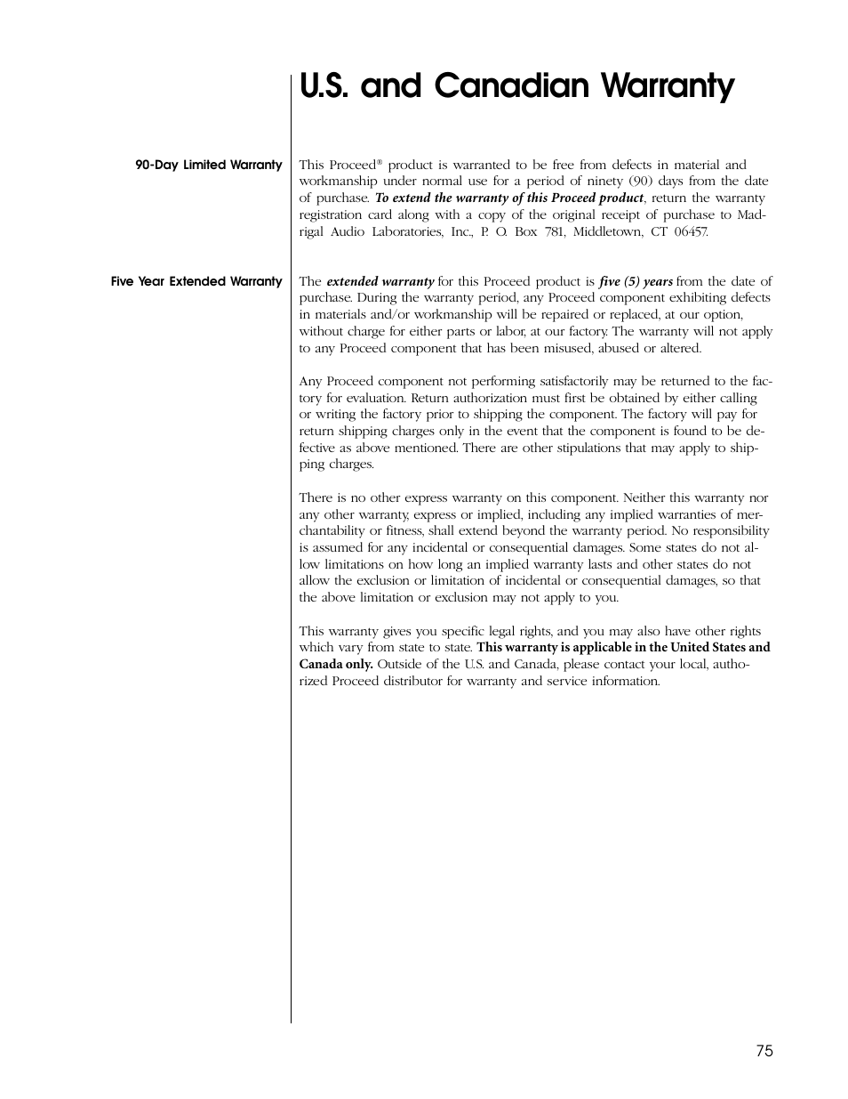 U.s. and canadian warranty | Proceed PAV User Manual | Page 75 / 80