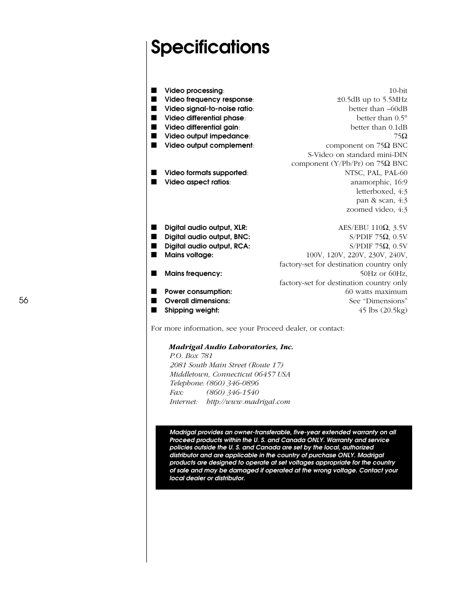 Specifications | Proceed PMDT User Manual | Page 56 / 60