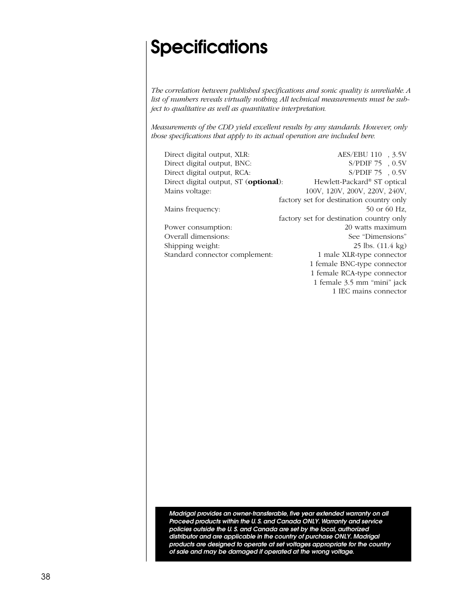 Specifications | Proceed CDD User Manual | Page 38 / 40