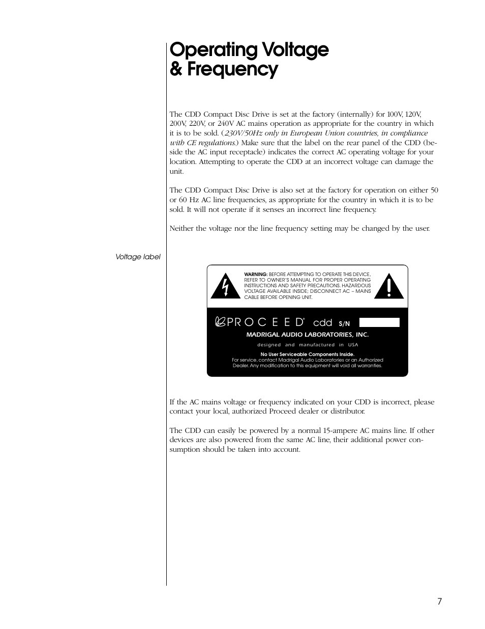 Operating voltage & frequency | Proceed CDD User Manual | Page 7 / 40