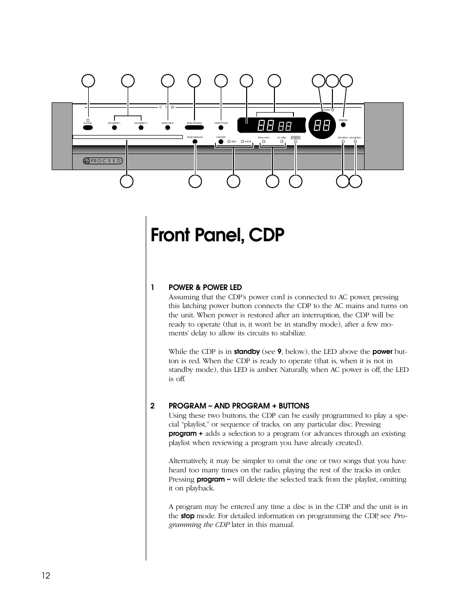 Front panel, cdp | Proceed CDP User Manual | Page 12 / 46