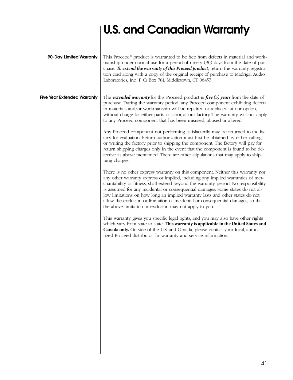 U.s. and canadian warranty | Proceed CDP User Manual | Page 41 / 46