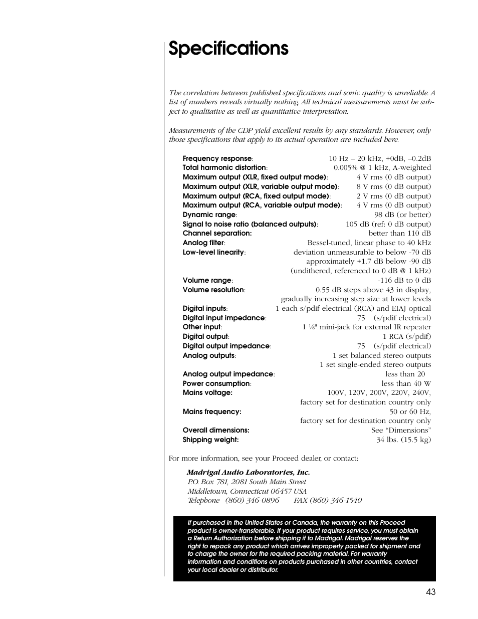 Specifications | Proceed CDP User Manual | Page 43 / 46