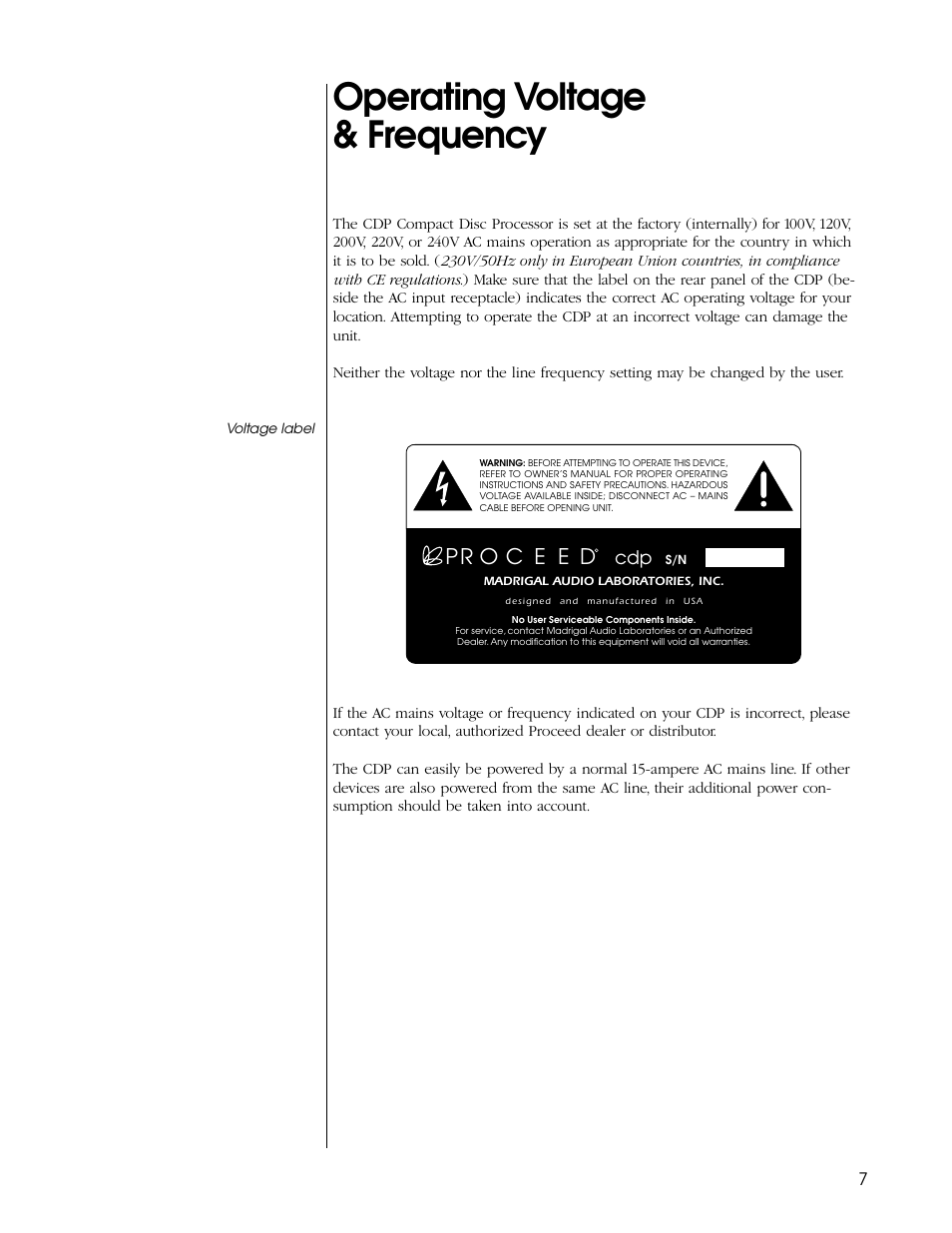 Operating voltage & frequency | Proceed CDP User Manual | Page 7 / 46
