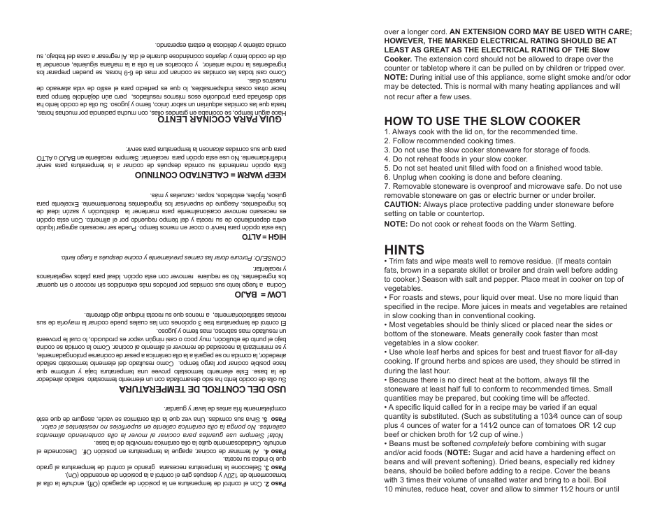 Hints, How to use the slow cooker, Us o d el co ntr ol de te mp er atu ra | Continental CP43729 User Manual | Page 3 / 4