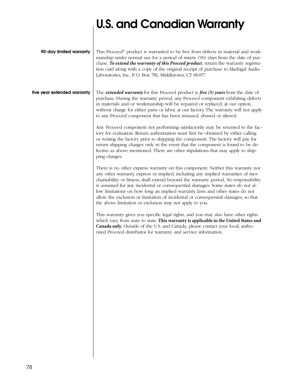 U.s. and canadian warranty | Proceed PDSD User Manual | Page 78 / 92