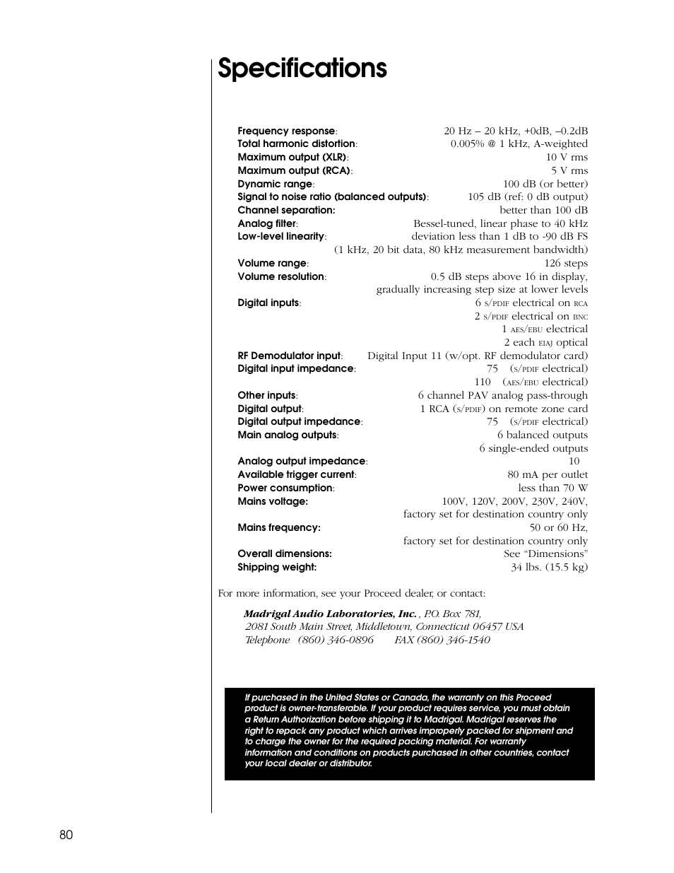 Specifications | Proceed PDSD User Manual | Page 80 / 92