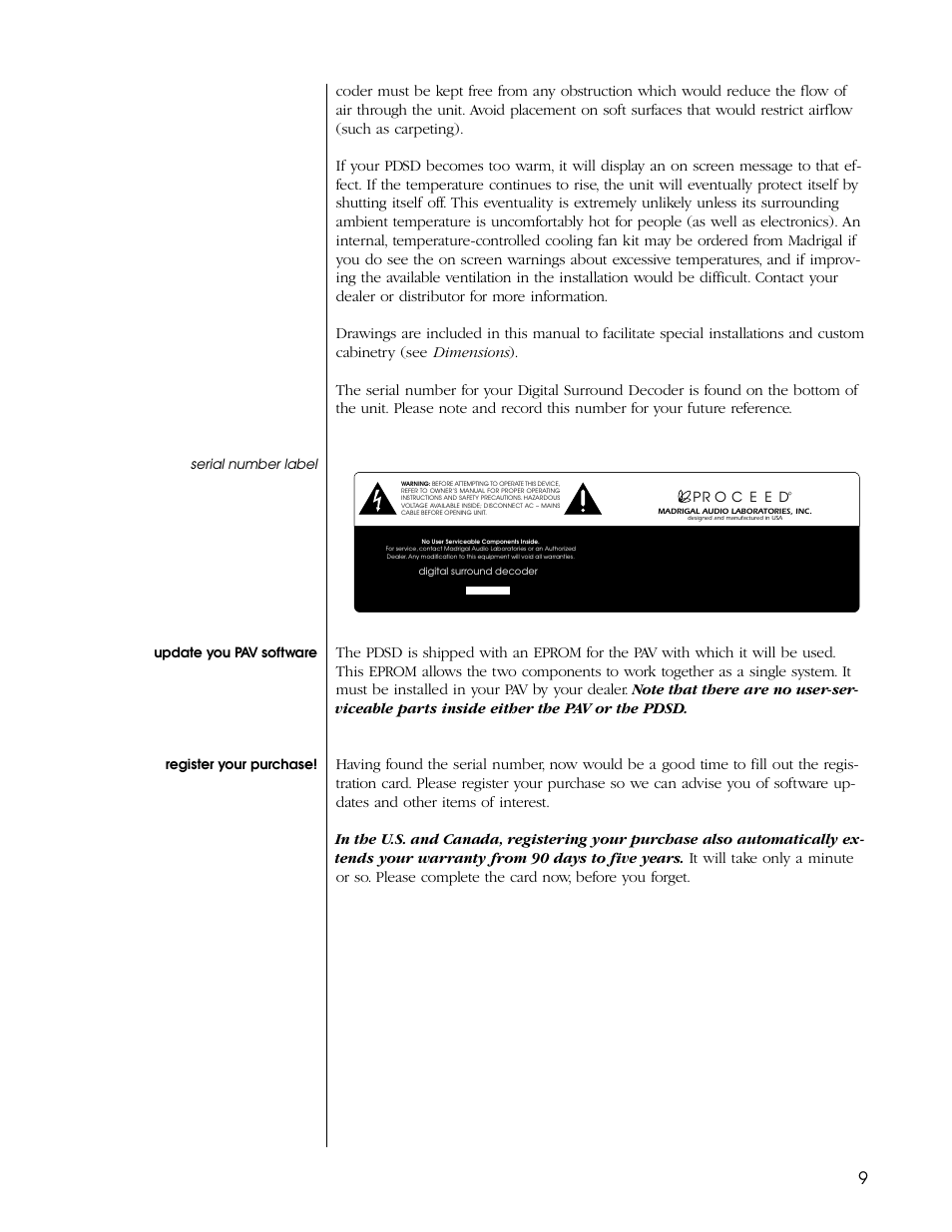 Serial number label, Update you pav software, Register your purchase | Proceed PDSD User Manual | Page 9 / 92