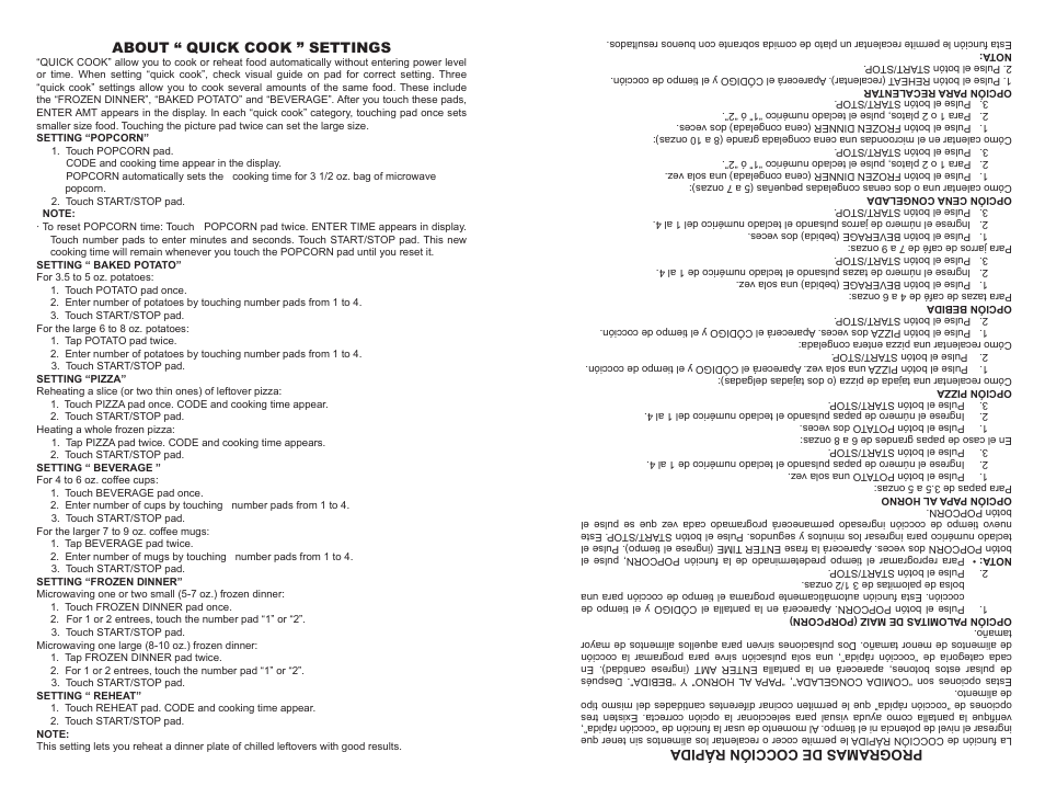 About “ quick cook ” settings, Programas de cocción rápida | Continental CP38711 User Manual | Page 12 / 12