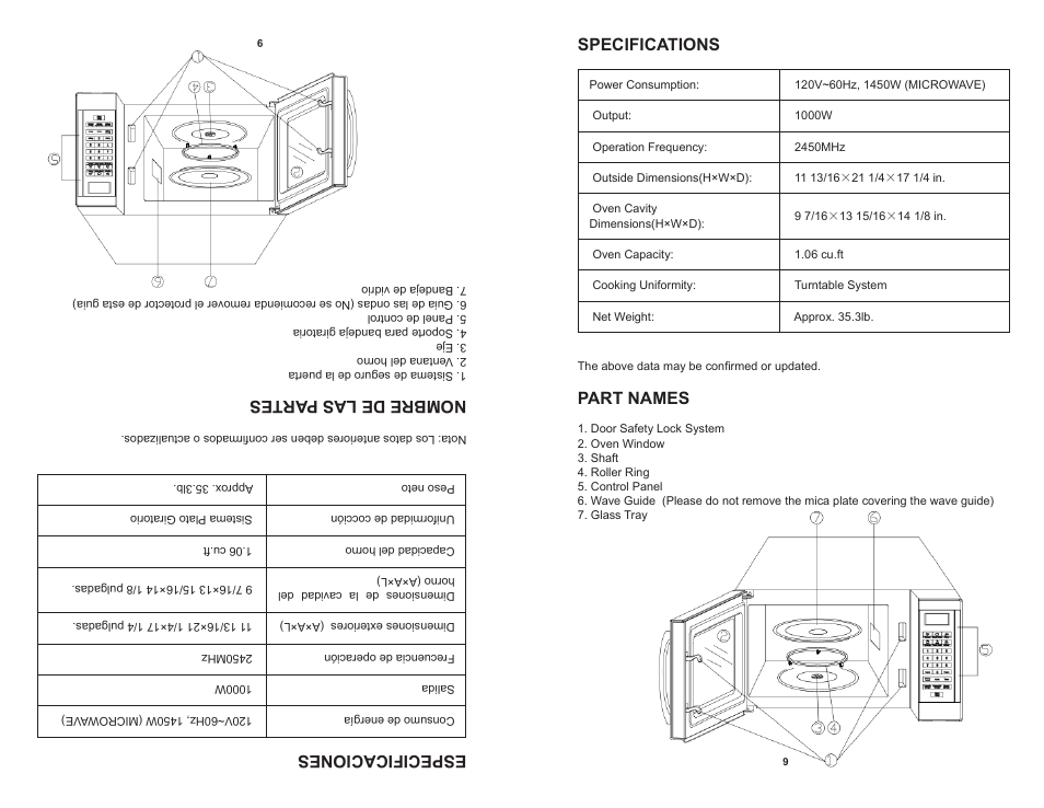 Especificaciones, Nombre de las partes, Specifications | Part names | Continental CP41119 User Manual | Page 10 / 17