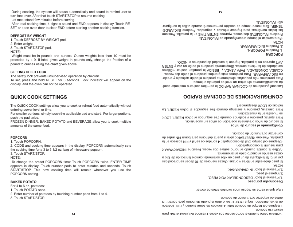 Configuraciones de cocinar rápido, Quick cook settings | Continental CP41119 User Manual | Page 15 / 17