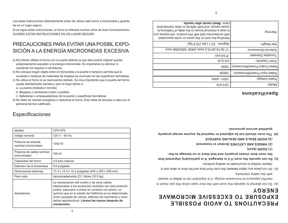 Especificaciones | Continental CP41079 User Manual | Page 12 / 20