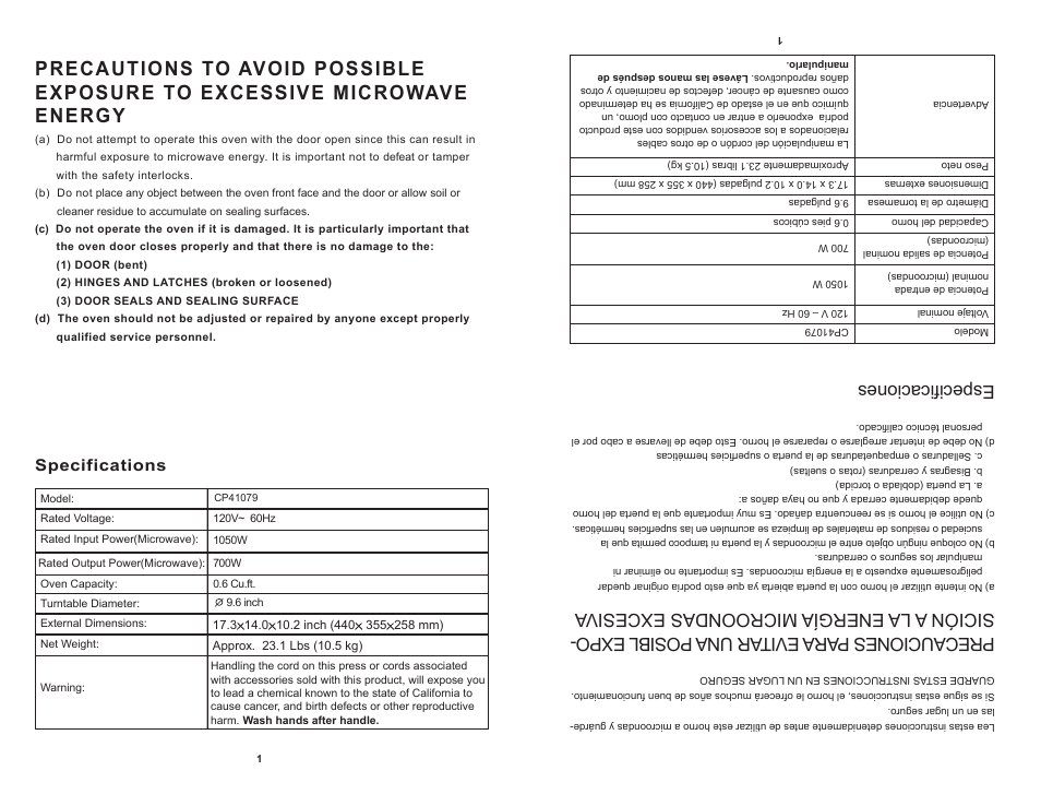 Especificaciones, Specifications | Continental CP41079 User Manual | Page 2 / 20