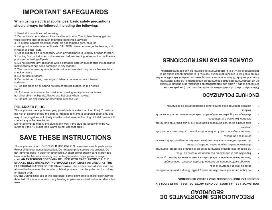 Important safeguards, Save these instructions, Precauciones importantes de seguridad | Guarde estas instrucciones, Enchufe polarizado | Continental CP43219 User Manual | Page 2 / 8