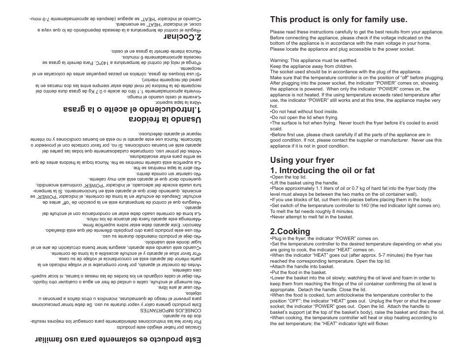 This product is only for family use, Using your fryer 1. introducing the oil or fat, Cooking | Cocinar, Este producto es solamente para uso familiar | Continental CP43219 User Manual | Page 3 / 8