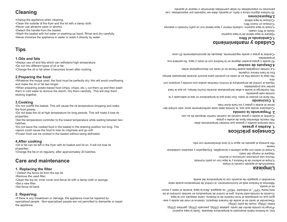 Cleaning, Tips, Care and maintenance | Limpieza, Consejos prácticos, Cuidado y mantenimiento | Continental CP43219 User Manual | Page 4 / 8
