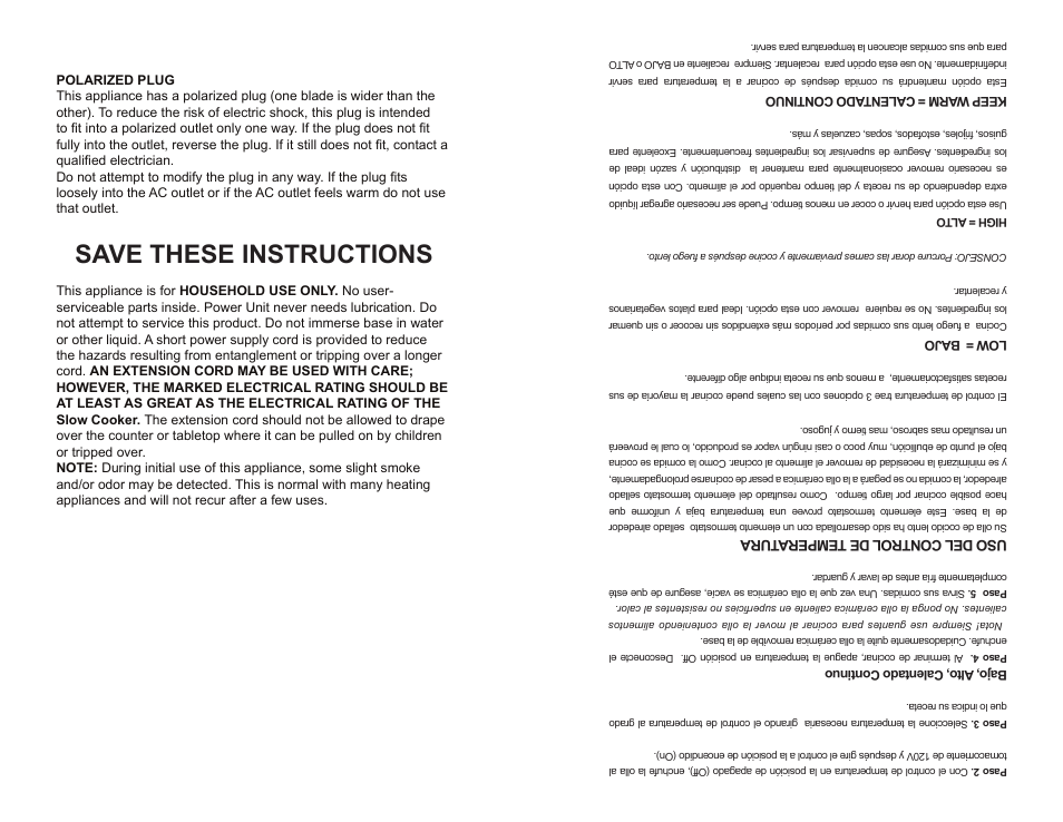 Save these instructions, Us o d el co ntr ol de te mp er atu ra | Continental CP43869 User Manual | Page 4 / 6