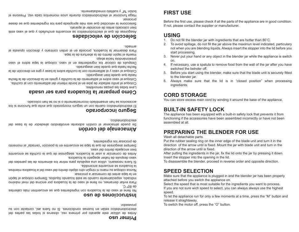 First use, Using, Cord storage | Built-in safety lock, Preparing the blender for use, Speed selection, Primer uso, Instrucciones de uso, Almacenaje del cordón, Seguro incorporado | Continental CP42149 User Manual | Page 3 / 4