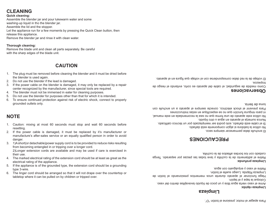 Cleaning, Caution, Limpieza | Precauciones, Observaciones | Continental CP42149 User Manual | Page 4 / 4