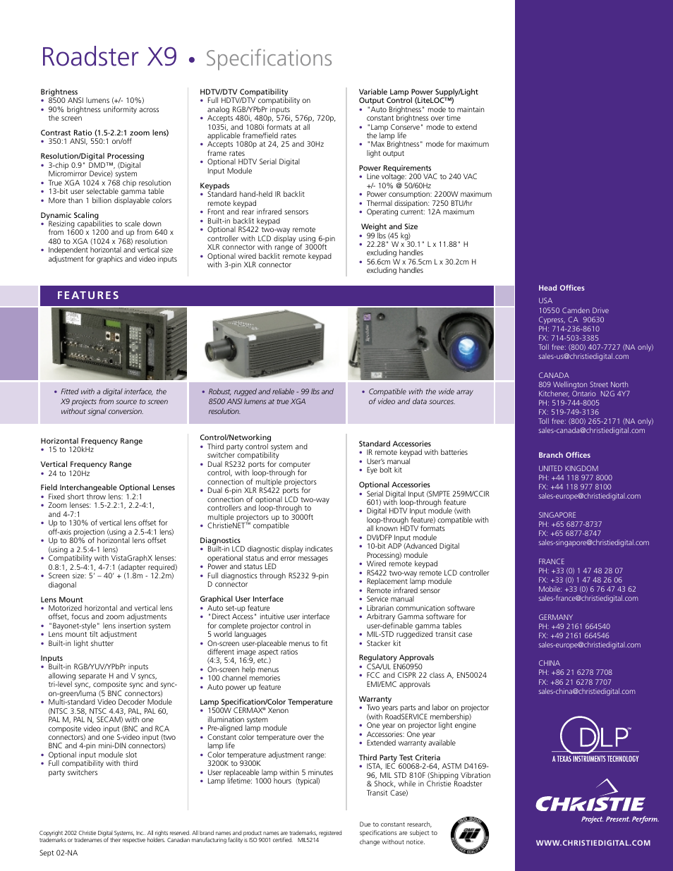 Roadster x9, Specifications | Christie Digital Systems Roadster X9 User Manual | Page 2 / 2