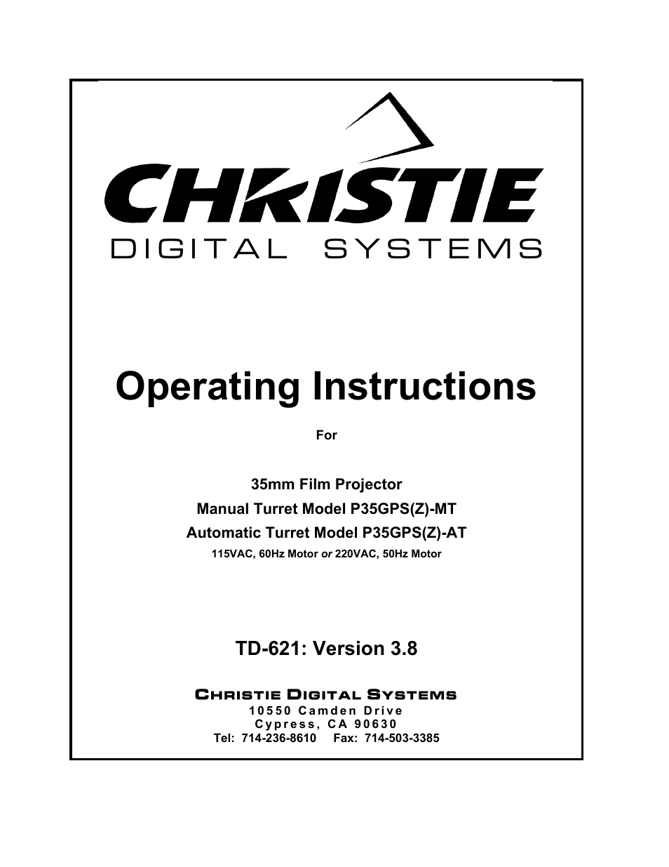 Christie Digital Systems P35GPS-MT User Manual | 85 pages