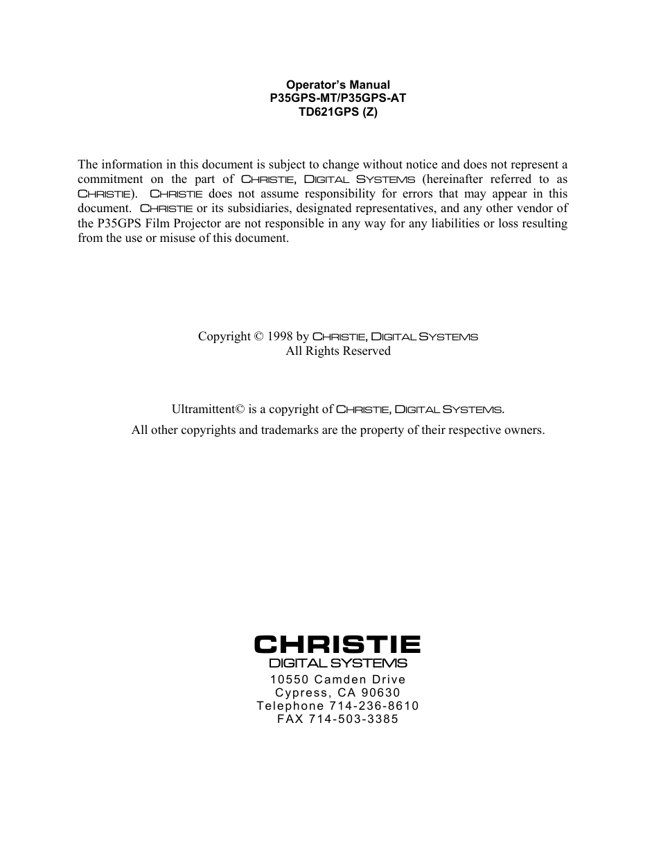 Christie | Christie Digital Systems P35GPS-MT User Manual | Page 2 / 85