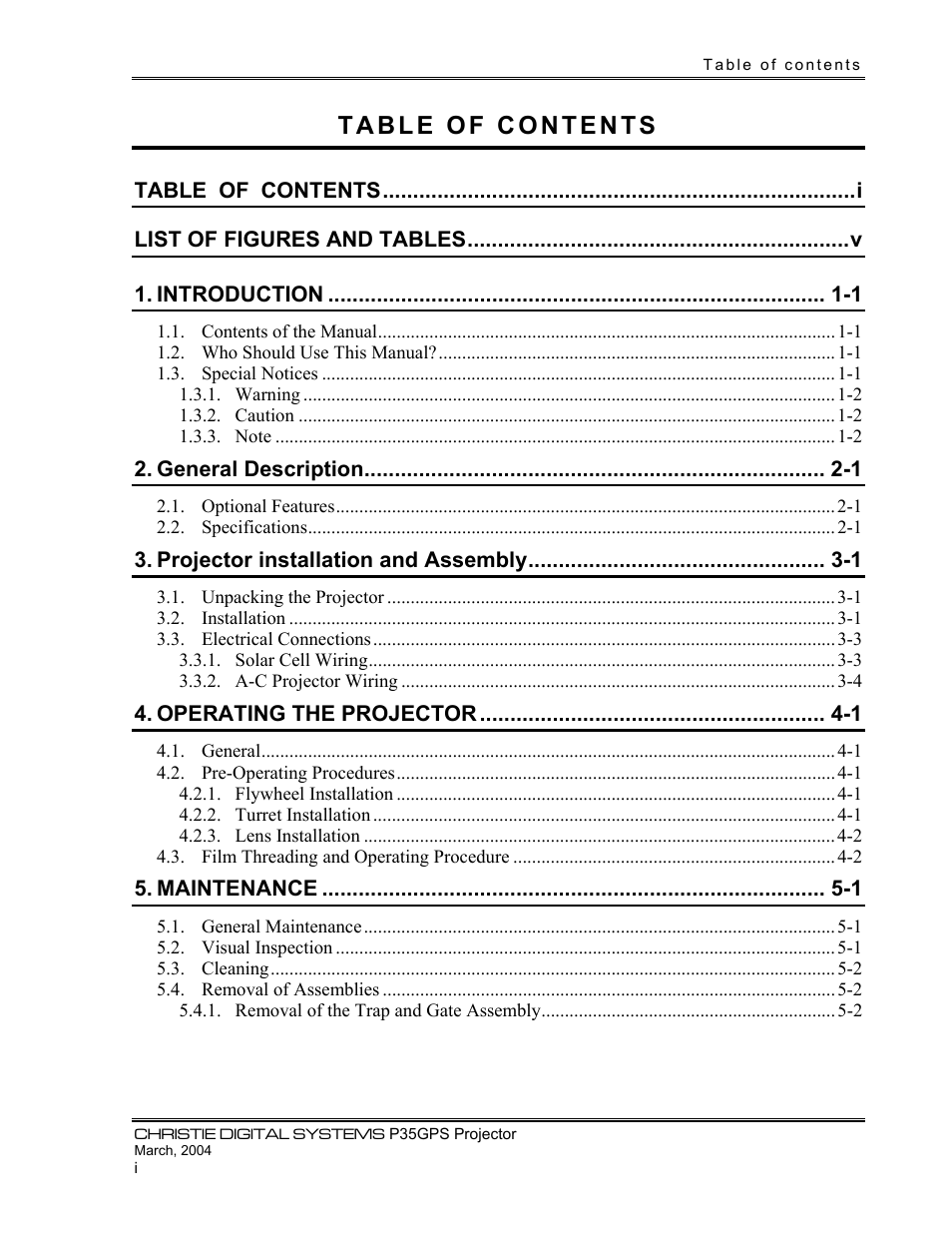 Introduction -1, General description -1, Projector installation and assembly -1 | Operating the projector -1, Maintenance -1 | Christie Digital Systems P35GPS-MT User Manual | Page 4 / 85