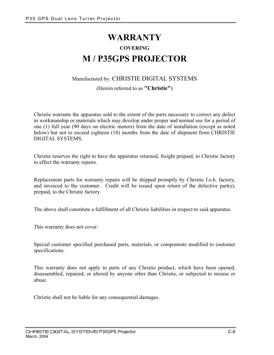 Warranty, M / p35gps projector | Christie Digital Systems P35GPS-MT User Manual | Page 85 / 85